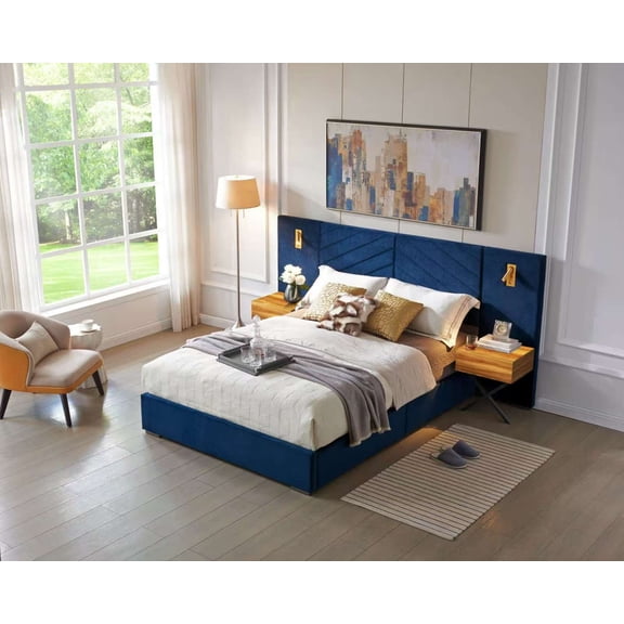 FFZ King Velvet Wingback Platform Bed with Vertical Channel Tufting and Wooden Slats, Retro Blue