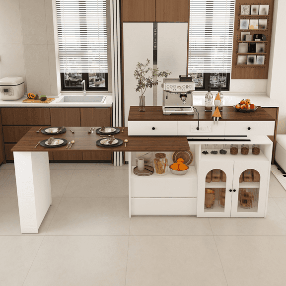 FFZ Kitchen Island with Rotating Extendable Table, 4 Drawers & Glass Door Cabinets, Built-in Socket, Walnut