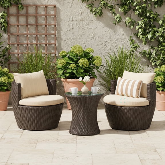 FFZ 3-Piece PE Rattan Chat Set with Aluminium Frame and Cushions, Brown+Beige