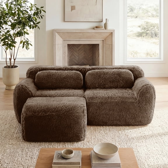 FFZ L-Shaped Boneless Sofa Soft Fluffy Plush Fabric Chaise 32D Sponge Ergonomic Anti-Slip Throw Chocolate For Living Room