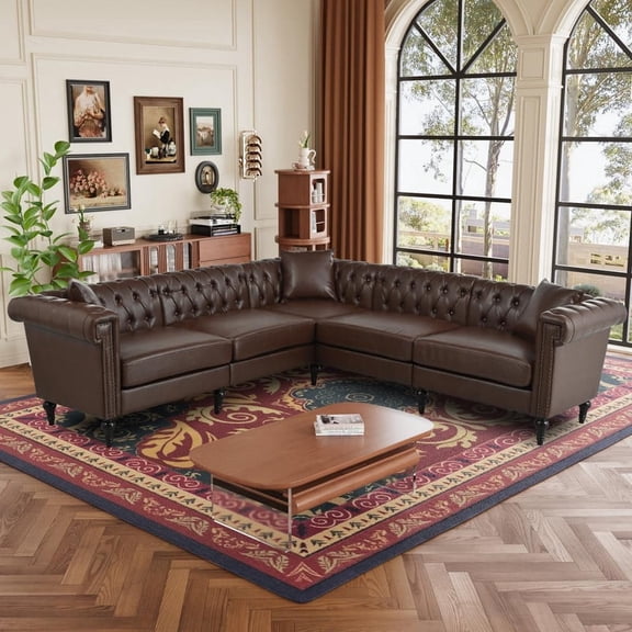 FFZ 5-Seat Chesterfield Sectional Sofa with Rolled Arms and Nailhead Trim, PU Leather, Dark Brown