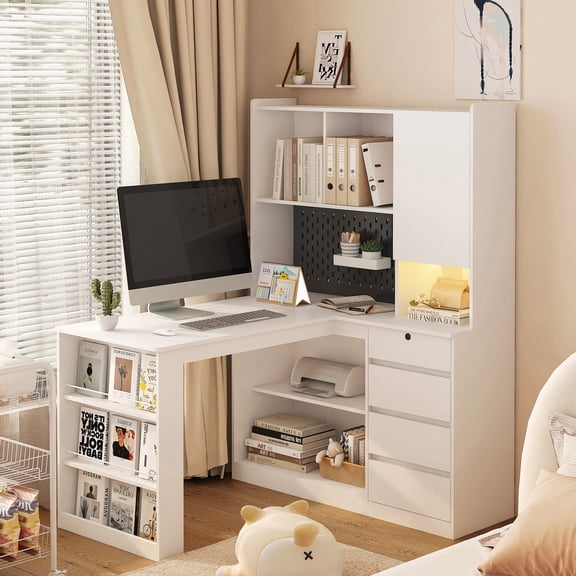 FFZ L-Shaped Computer Desk with LED Lights, Drawers, Bookshelf and Power Outlets, White