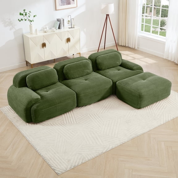 FFZ L-Shaped Modular Sofa with Curved Armrests and Corduroy Fabric, Olive Green