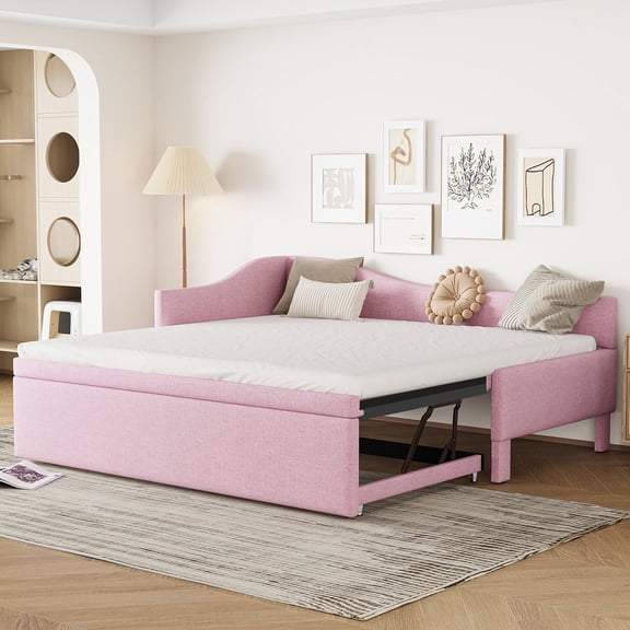FFZ L-Shaped Upholstered Daybed with Pop-Up Trundle, 80 x 42 x 33 inch, Pink
