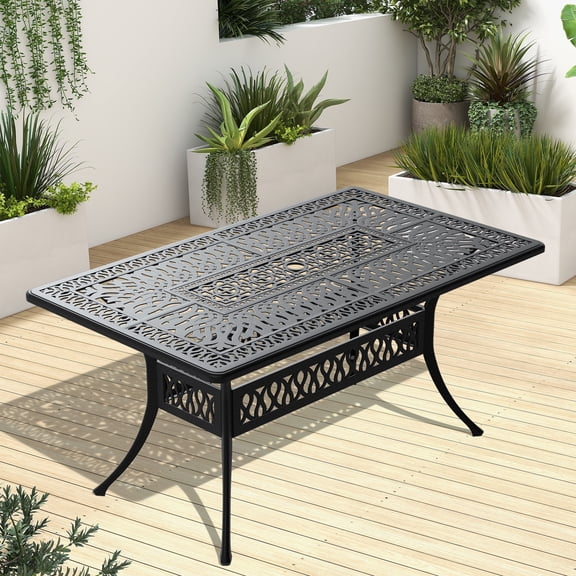 FFZ L58.27*W34.65-Inch Cast Aluminum Patio Dining Table With Black Frame And Umbrella Hole