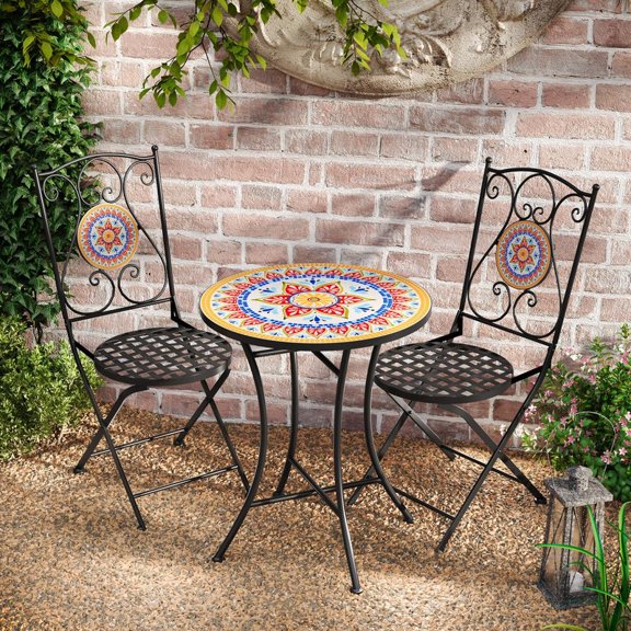 FFZ Lambert Outdoor Chat Set with Ceramic Tile Table and Water-Shedding Chairs, 15.75 x 15.75 x, Black+Red