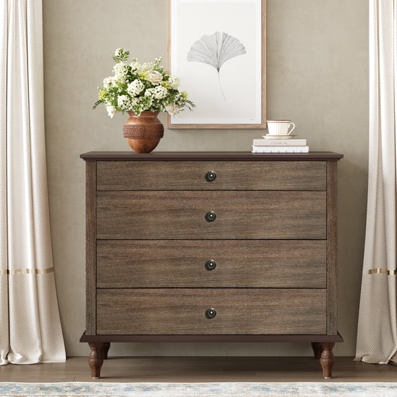 FFZ Large 4 Drawer Chest, Deep Brown Antique Dresser With Solid Wood Feet Metal Knobs For Bedroom Nursery
