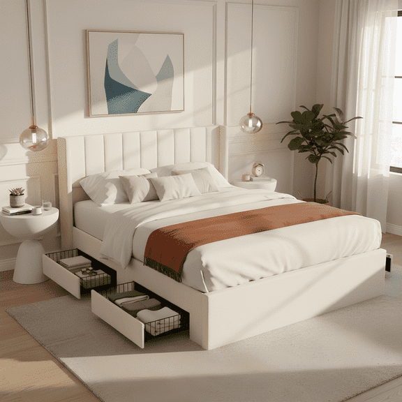 FFZ Queen Upholstered Storage Bed with 4 Drawers and Vertical Striped Headboard, Beige