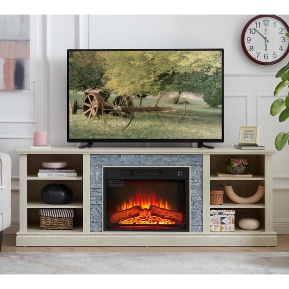 FFZ 70.12 inch Faux Stacked Stone TV Stand with 23 inch Fireplace Insert and 4 Adjustable Shelves, White