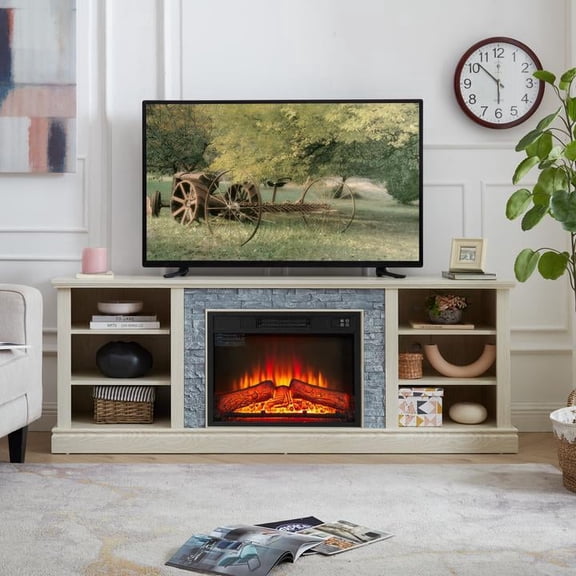 FFZ 70.12 inch Faux Stacked Stone TV Stand with 23 inch Fireplace and Storage Cabinet, White