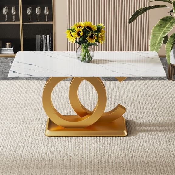 FFZ Large Modern Minimalist Rectangular Kitchen Dining Table MDF OC Shaped Brackets Aureate Base For 6-8, Gold