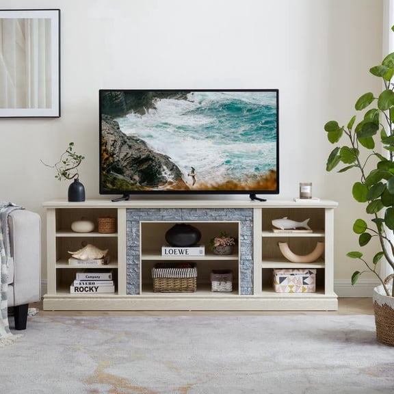 FFZ Large TV Desk Storage Rack with Faux Stacked Stone Surround, 70.12 x 15.35 x 25.83 inch, White