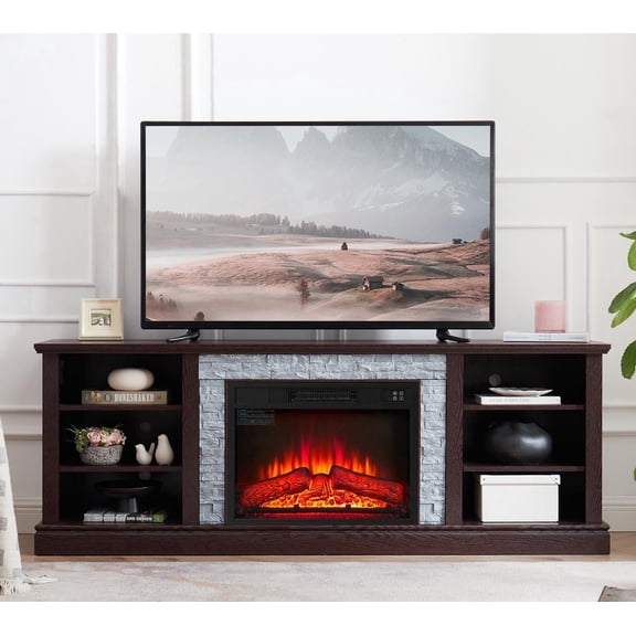 FFZ 70.12" TV Stand with 23" Fireplace Insert, Faux Stacked Stone Surround, 70.12x15.35x25.83, Cherry