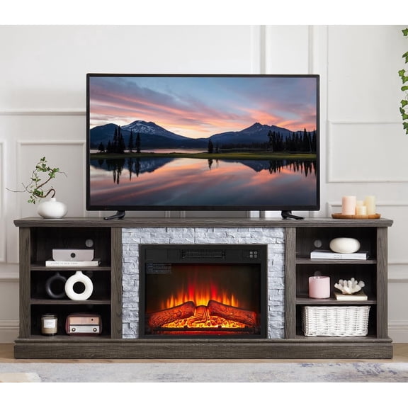 FFZ 70.12" TV Stand with Fireplace Insert, Faux Stacked Stone Surround, Large Storage Cabinet, Grey