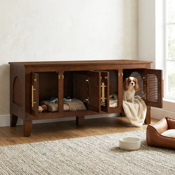 FFZ Lars Indoor Rattan Rubber Wood Dog Crate Cabinet Furniture Stylish Pet Kennel 4 Doors Living Room