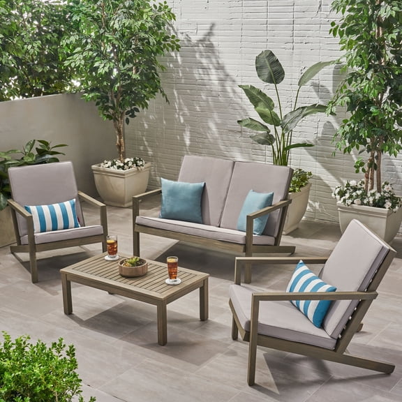 FFZ LEAH 4-Piece Acacia Wood Outdoor Chat Set with Loveseat, 2 Club Chairs and Coffee Table, Beige