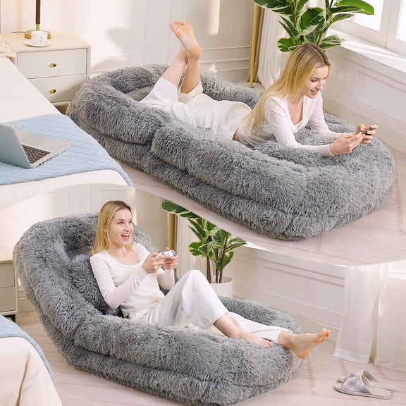 FFZ 69" 5-Position Adjustable Convertible Floor Gaming Chair with Plush Fabric, Light Gray