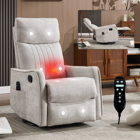FFZ Light Grey Chenille Recliner Chair with 360 Swivel, Rocking, Lumbar Heat, 24.4x34.3x40.2, Light Gray