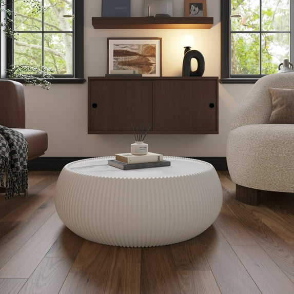 FFZ Light Marble Top Drum Shape Leather Coffee Modern Sofa Table for Living Room Furniture