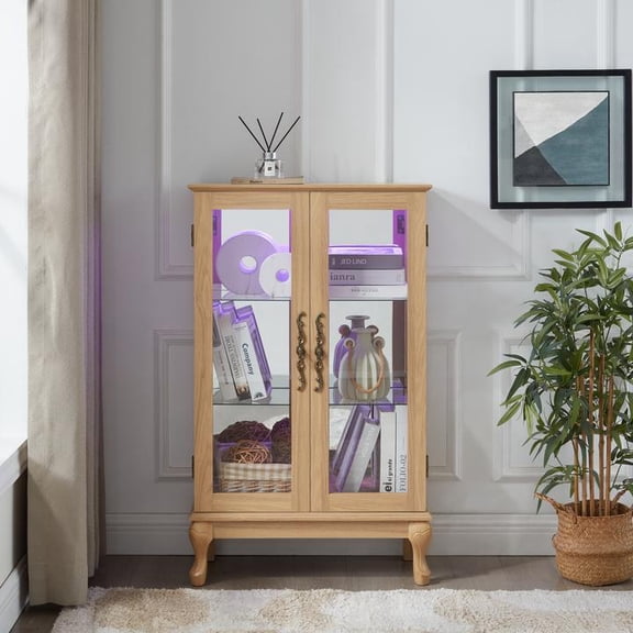FFZ Light Oak Curio Cabinet With Tempered Glass Doors LED Light Mirrored Back Panel Adjustable Shelves