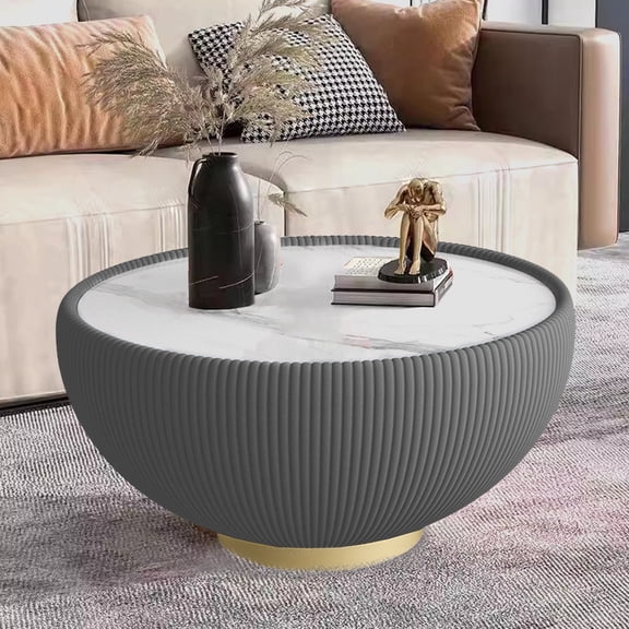 FFZ Sintered Stone Top Coffee Table with PU Leather and Metal Base, 29.53 x 29.53 x 14.96 inch, Grey