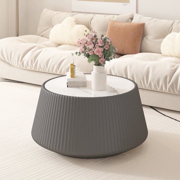 FFZ Round Sintered Stone Coffee Table with PU Leather Base, 26.77 x 26.77 x 16.53 inch, Grey
