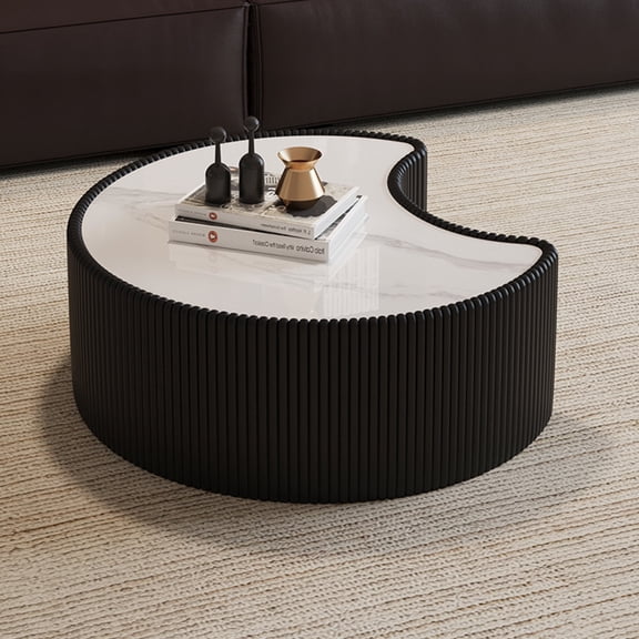 FFZ Irregular Shape Sintered Stone Top Coffee Table with PU Leather Accents, 29.53 x 29.53 x 14.96 inch, Black