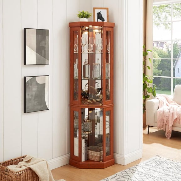 FFZ Lighted Corner Curio Cabinet Display Case For Antique Collectibles Wine Bar Glass Storage Dark Oak