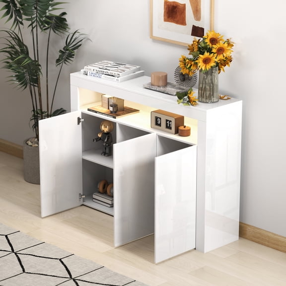 FFZ High-Gloss LED Sideboard Cabinet with 3 Doors and Open Cubby Space, 51.18 x 13.78 x 38.19 inch, White