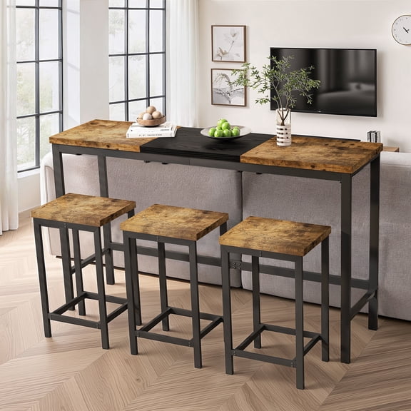 FFZ Modern Kitchen Dining Table Set with 3 Hanging Stools, 60.24 x 15.75 x 35.43 inch, Natural+Black