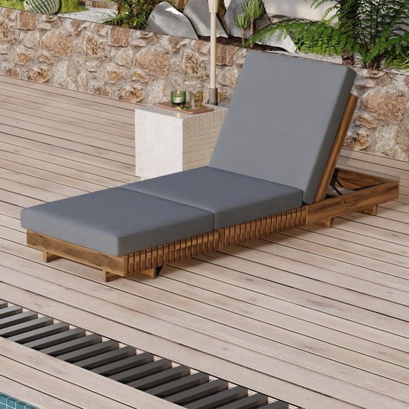 FFZ Acacia Wood Chaise Lounge Set with 6-Position Backrest and Water-Resistant Cushion, DARK GREY