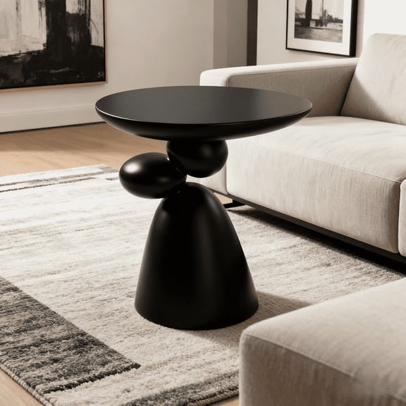 FFZ Lucky Stone Fiberglass End Table with Wabi-Sabi Design, 20.1 x 11.4 x 19.7 inch, Black