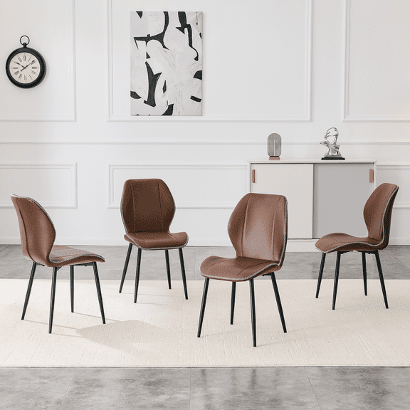 FFZ Set of 4 PU Leather Dining Chairs with Adjustable Feet & Metal Legs, Black+Brown
