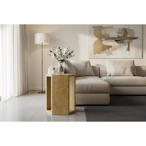 FFZ Hexagonal Marble Side Table with Polished Finish and Gold Veining, 12.6 x 10.9 x 15.7 inch, Gold