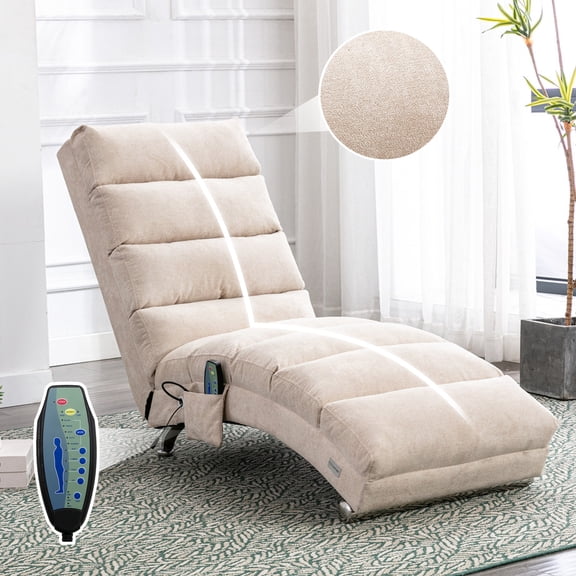 FFZ Luxury Upholstered Chaise Lounge Chair with Vibration, 21.65 x 58.27 x 33.07 inch, Beige