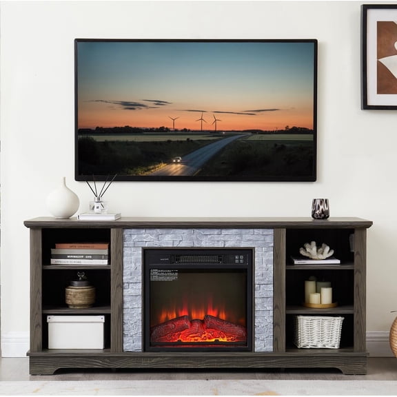 FFZ Mantel Electric Fireplace TV Stand with Faux Stacked Stone Surround and Open Storage, 58.31 x 15.39, Grey