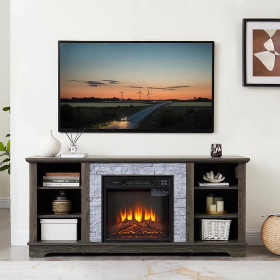FFZ Mantel Electric Fireplace TV Stand with Faux Stacked Stone Surround and Open Storage, 58.31 x 15.39, Grey
