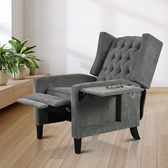 FFZ Manual Adjustable Wingback Recliner Chair with Foldable Side Table and USB Ports, Gray