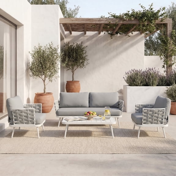 FFZ 4-Piece Steel Conversation Set with Rope Accents and Water-Repellent Cushions, Off-White+Grey