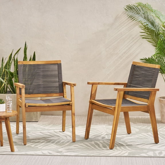 FFZ MCGILL Dining Chair Set of 2 with Rope Weave and Acacia Wood Frame, 24.75 x 26.5 x 34.75 inch, DARK GREY
