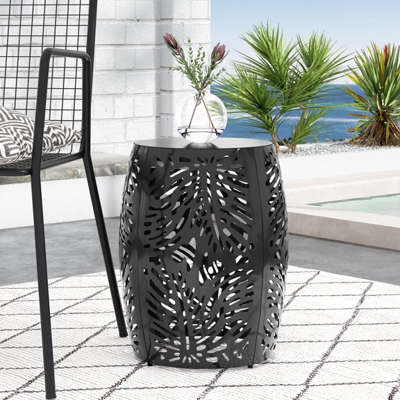 FFZ Modern Metal End Table with Tropical Palm Leaf Design, 16.5 x 16.5 x 20.5 inch, Black