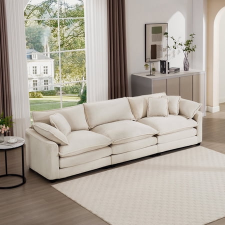FFZ 3-Seater Sectional Sofa with 2 Arm Pillows and 3 Throw Pillows, Beige