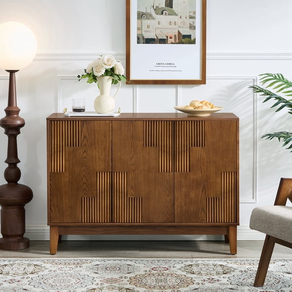 FFZ 44.3" Mid Century Modern Buffet Cabinet with Vertical-stripe Patchwork Design & Adjustable Shelves, Walnut