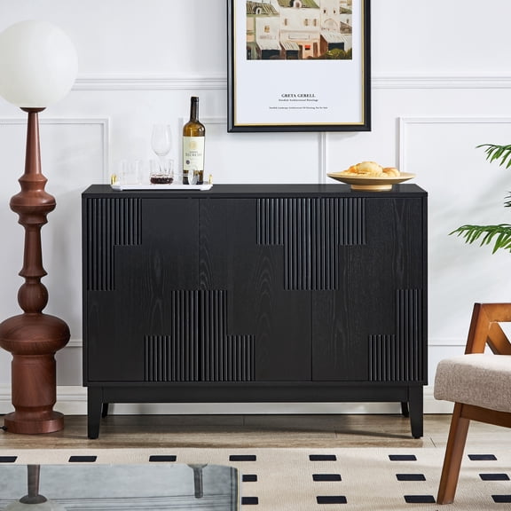 FFZ 44.3" Mid Century Modern Buffet Cabinet with Vertical-stripe Patchwork, 3 Doors, Adjustable Shelves, Black