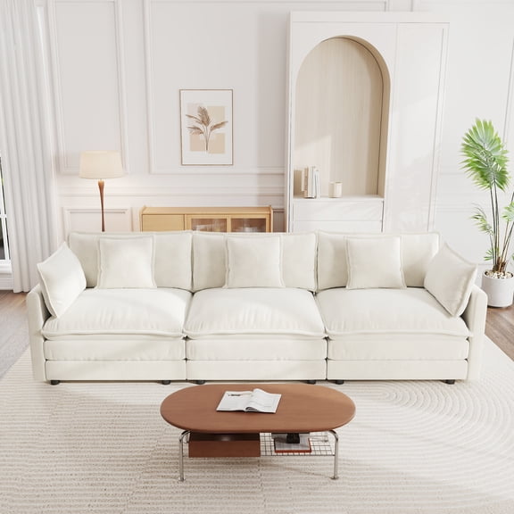 FFZ Mid-Century Modern Couch 3-Seater Sofa 2 Armrest Pillows 3 Toss White Chenille For Living Room Apartment