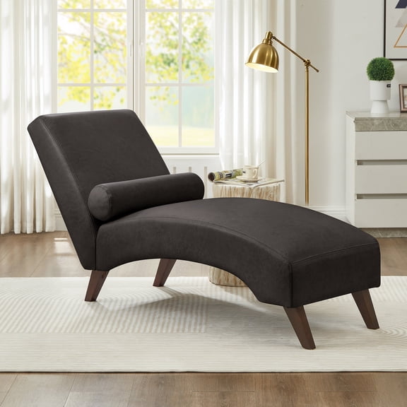 FFZ Mid-Century Modern Curved Chaise Lounge with Bolster Pillow, Premium Tech Fabric, 400 lbs, Dark Gray