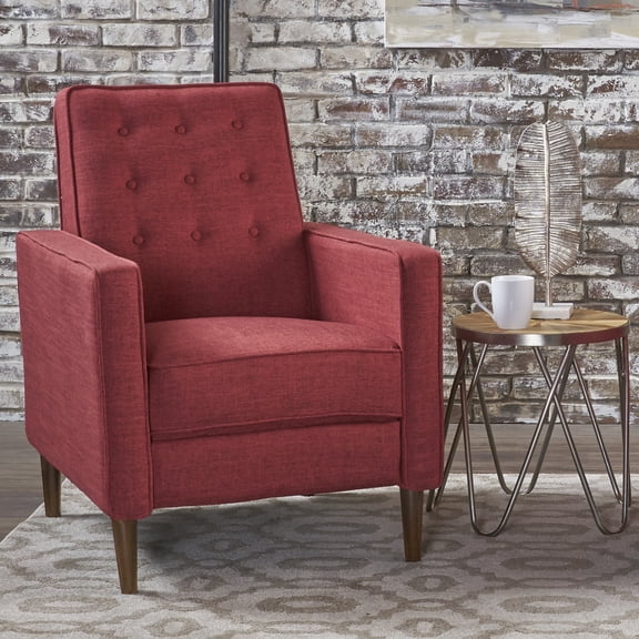 FFZ Mid-Century Modern Fabric Recliner Chair with Pushback Reclining, Tufted Seat, Wooden Legs, Red