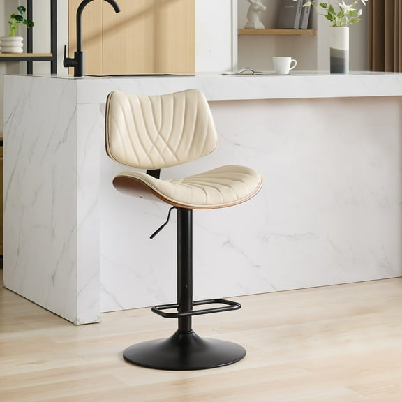 FFZ Mid Century Modern Leather Upholstered Adjustable Swivel Counter Bar Stools Walnut Bentwood 1pc Beige