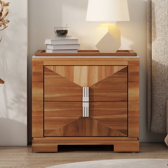 FFZ Mid-Century Modern Nightstand, 2 Drawers Wide Sofa Side Table,Light Brown