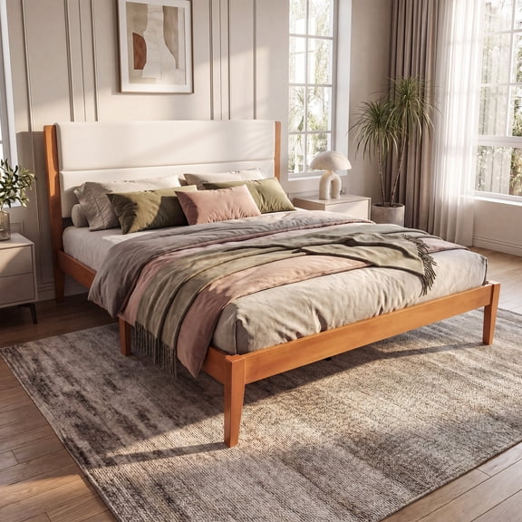FFZ Mid-Century Modern Platform Bed Frame with Upholstered Headboard, Solid Wood Slat Support, King, Brown